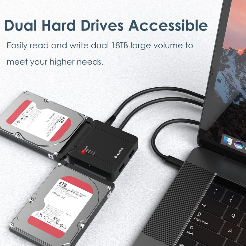 WAVLINK USB-C HDD Docking Station, Dual-Bay 2 USB 3.0 Ports & 12V/3A, 5Gbps | USB-C to SATA; 2.5/3.5" HDD/SSD; Offline Clone A to B; UASP/TRIM; USB Bus Power 5V SSD; 36TB Capacity; Hot-Swap; Plug & Play