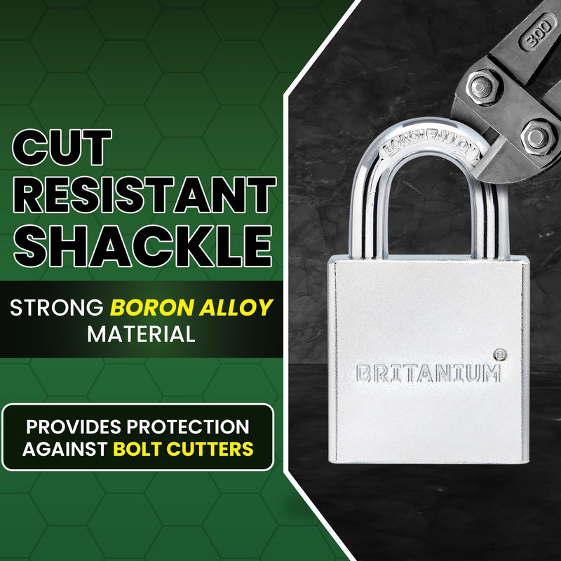 Britanium® SFL60 Professional Grade Padlock - Chrome Plated Steel with Boron Alloy Shackle, 5 Tumbler Keys, Weather-Resistant Design for Storage & Commercial Security 60 mm Normal Shackle Silver