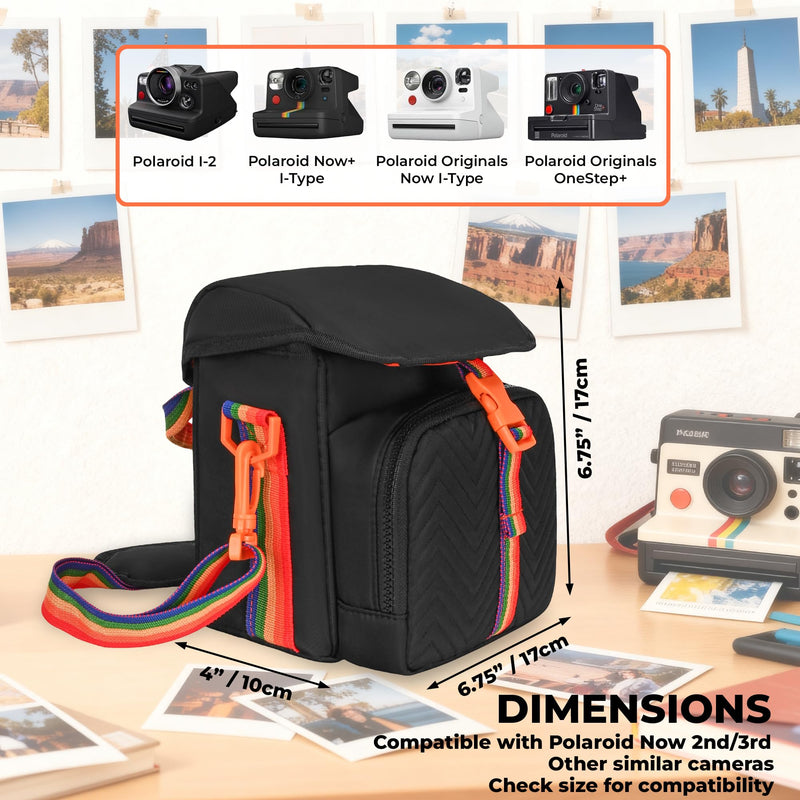 Camera Case for Polaroid Now 3rd/2nd Gen with Photo Display Window | Instant Camera Sling Bag with Clear Display Window, Quilted Front Pocket, 8mm Padding, Top Handle and Adjustable Strap, Black