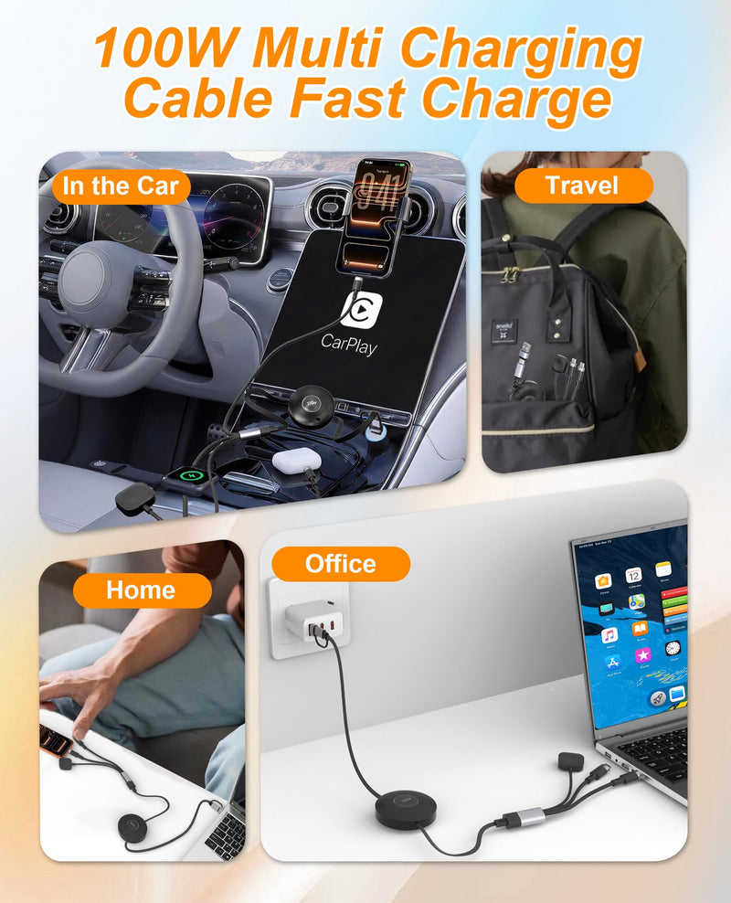 3 in 2 Retractable USB C Cable for Apple Watch Charger - 100W USB C and iWatch Charger with Data Sync, Portable Travel Cable for iWatch Ultra 2/SE2/Series 11-1, iPhone 17/16/15, iPad, AirPods, MacBook