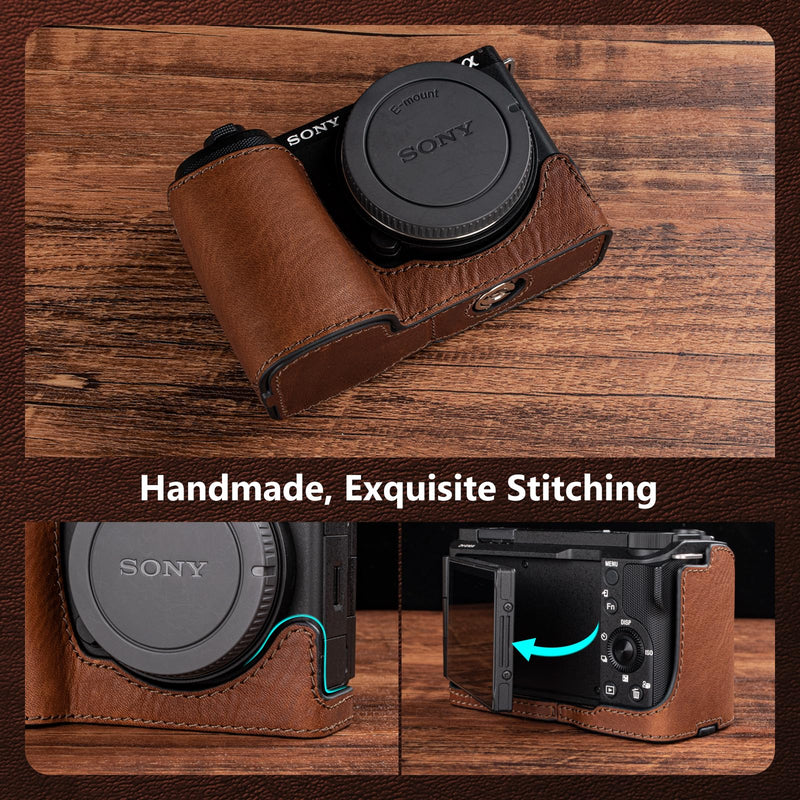 MUZIRI KINOKOO Protective Case for Sony ZV-E10 II, Vintage Textured Genuine Leather Half Case Compatible for Sony Alpha ZVE10 II/ZV-E10 II Camera, with Opening Bottom & 1/4” Thread Screw - Brown