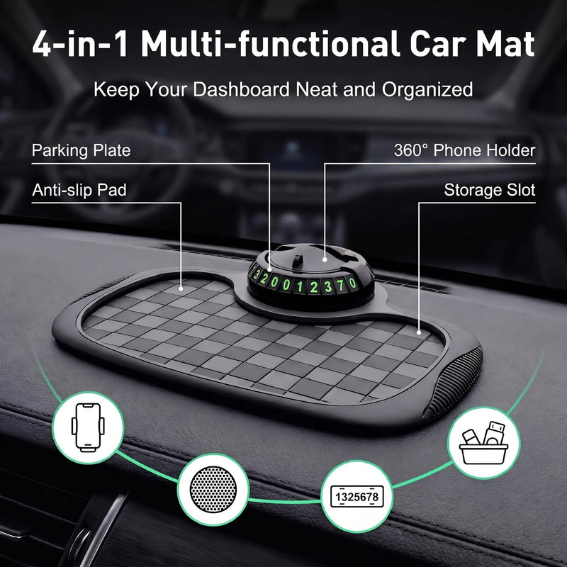 Multifunction Car Anti-Slip Mat, Large Sticky Pad & Rotatable Phone Holder & Hidden Parking Number, PVC 9.2" x 7.0" Mat for Key & Sunglass & Ornament, Dashboard Accessory for Cars (Black) 1 PC Black #02