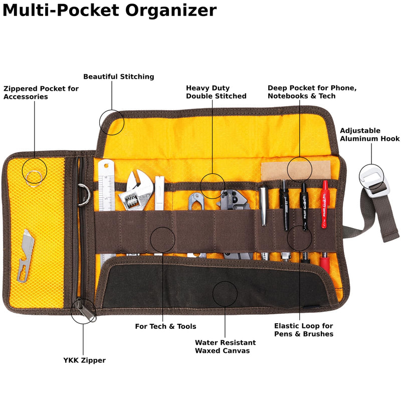 Roll Up Tool Bag Organizer, Small Tool Roll for Pen Lovers & Tech, Waxed Canvas Tool Pouch Pen Bag Pen Case Organizer, Multi-Pocket with Elastic Loops for Pencils, Art Supply, Hard Drives - EDC Bag