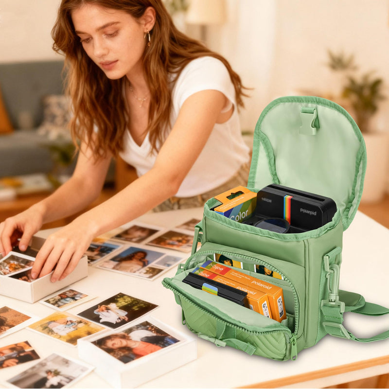 Camera Case for Polaroid Now 3rd/2nd Gen with Photo Display Window | Instant Camera Sling Bag with Clear Display Window, ilted Front Pocket, 8mm Padding, Top Handle and Adjustable Strap, Green