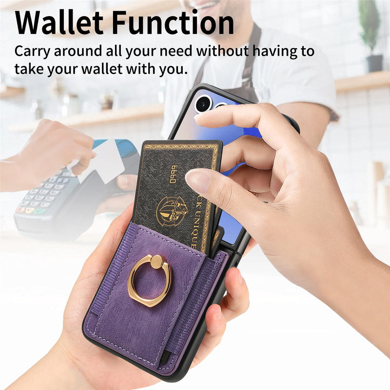 for Samsung Galaxy Z Flip 8 Wallet Case with Card Holder Purple | Credit Slots Built-in Rotate Ring Stand PU Leather Protective Kickstand Shockproof Cover for Women Men Girls