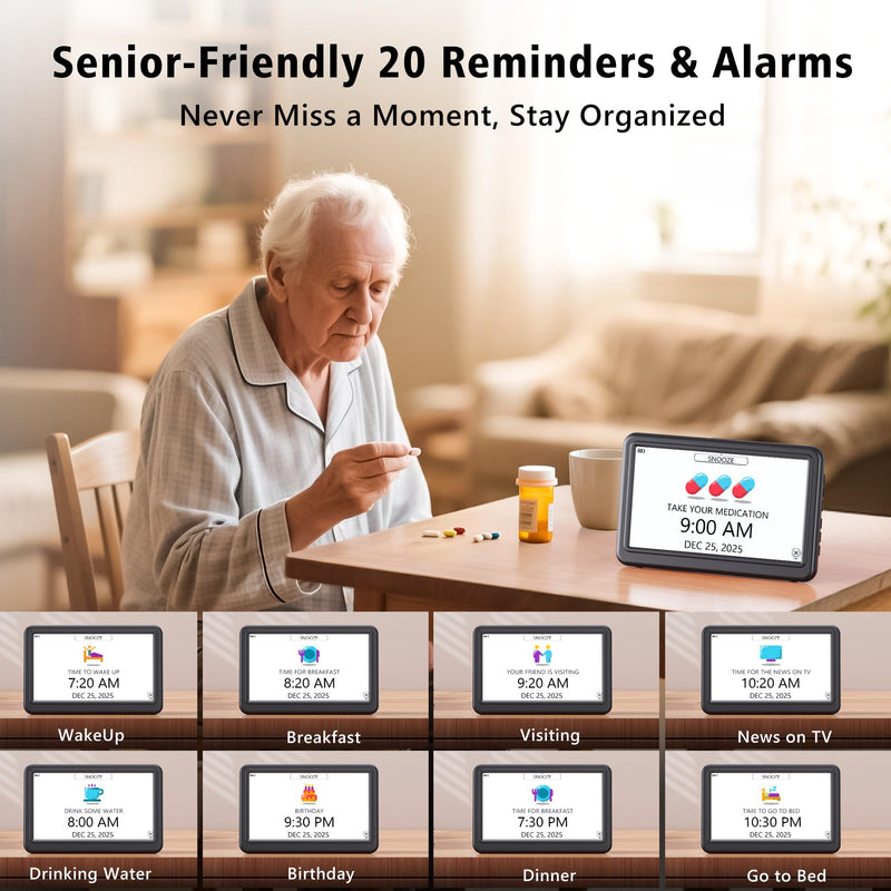 Rechargeable Digital Calendar Alarm Clocks for Senior, 7" Clock with Day and Date for Elderly, 20 Reminders & Alarms, Auto Dimmer/DST, 12 Themes, 18 Ringtones for Dementia Memory Loss, 1024*600 HD Black