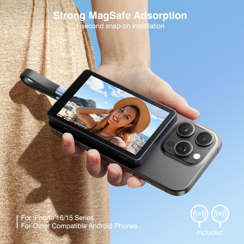 TTQ 4K 60fps Vlog Selfie Monitor Screen, Magnetic Phone Vlog Selfie Monitor | Back Camera Monitor Screen, Bluetooth Remote, for Vlogging, TikTok, Live Stream, Compatible with iPhone & Android, Dark Navy