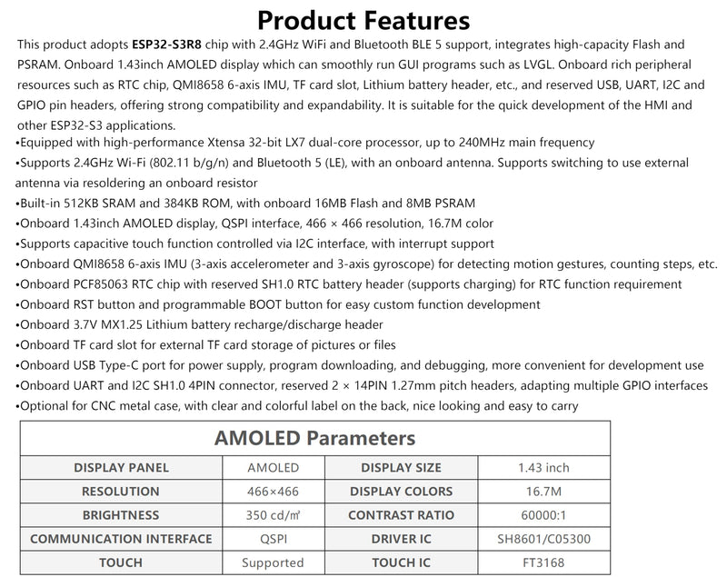 ESP32-S3 1.43inch AMOLED Display Development Board, 466×466 Resolution 16.7M Color QSPI Interface, ESP32 with Capacitive Touch AMOLED Round LCD, Support 2.4 GHz Wi-Fi and Bluetooth 5