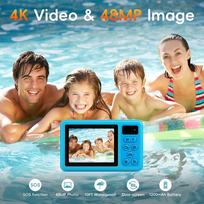 Maxmango D70 4K Underwater Digital Camera - 48MP 10FT Waterproof Camera for Snorkeling - Dual Screen Selfie Compact Floatable Camera with 16GB Card - Point and Shoot Digital Cam 1200mAh Battery -Blue Blue