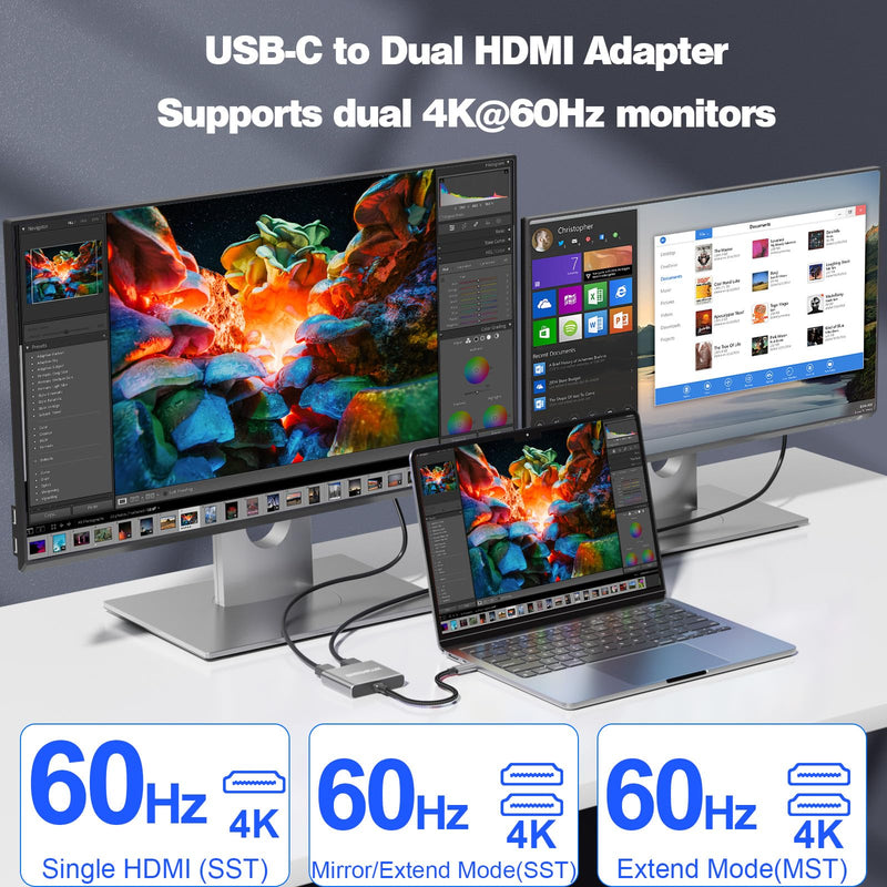 USB C to Dual HDMI Adapter, 4K@60Hz Dual Monitor Adapter for Extended & Mirror Display, HDMI Splitter Compatible with MacBook Pro/Air, Dell, HP, and Lenovo laptops USB C to Dual HDMI Adapter