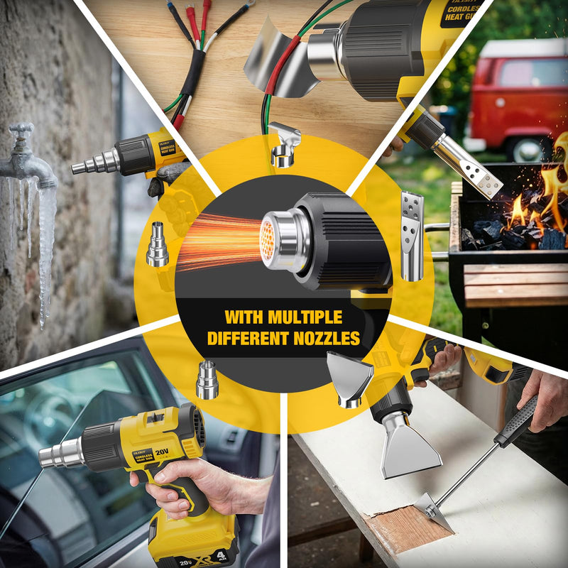 Cordless Heat Gun for De-WALT 20V MAX Battery, 7Pcs Nozzles&Scraper, LED Light, 350W Fast Heating Soldering Hot Air Gun, 2-Temp Setting Max 990℉(532℃), Heat gun for Shrink Tubing, Crafts (Tool Only) Yellow (Battery and Charger Not Included)