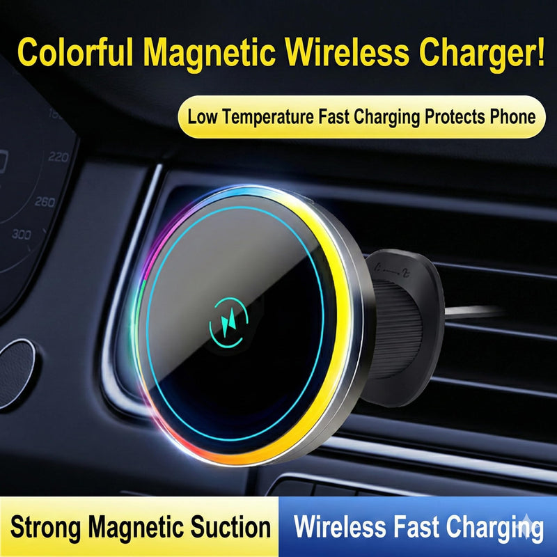 Wireless Car Charger with Semiconductor Cooling, Magnetic Phone Mount for iPhone 17/16/15/14/13 Series, 15W Fast Charging Car Holder with RGB Ambient Light, Auto-Aligning Vent Clip Mount