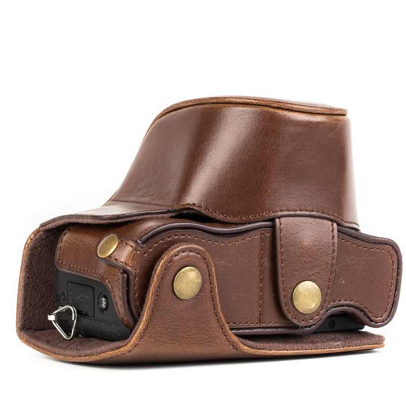 MegaGear Panasonic Lumix DMC-GX85, DMC-GX80 (12-32mm) Ever Ready Leather Camera Case and Strap, with Battery Access - Dark Brown - MG1301