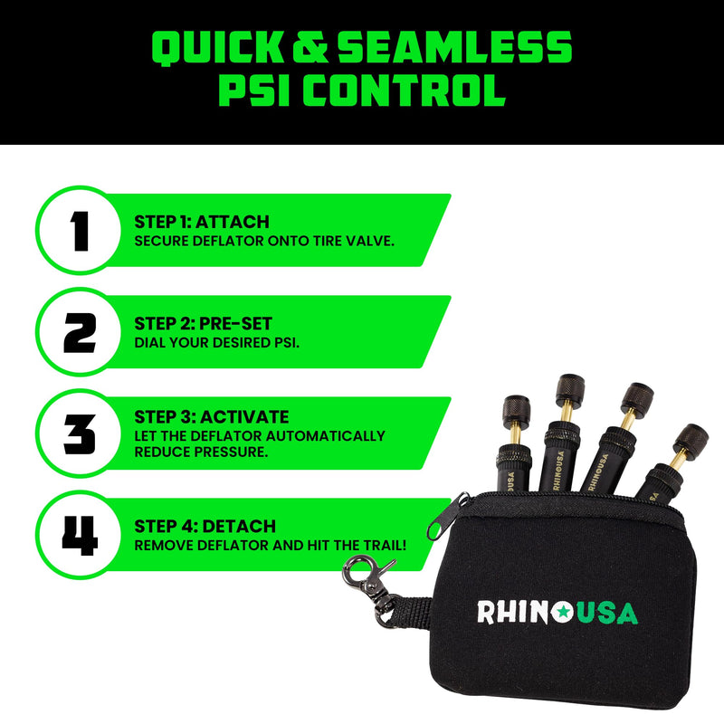 Rhino USA Adjustable Tire Deflator Kit (10-30 PSI) Ultimate Screw-on Automatic Tire Deflators for Offroad - Quick & Easy Air Down System for The Trails - Best Jeep Off Road Accessories (4-Pack) -Black Black