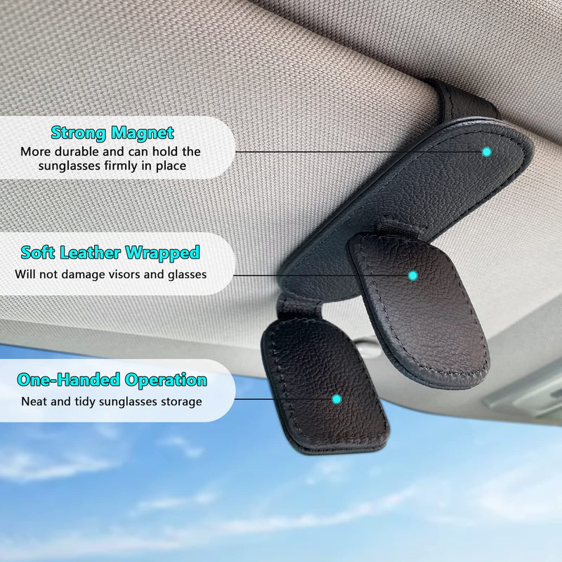 Visonx Sunglass Holder for Car Visor Clip, Magnetic Leather Eyeglass Hanger Clip for Car, Square Car Visor Accessories (Black) Black 1 Pieces