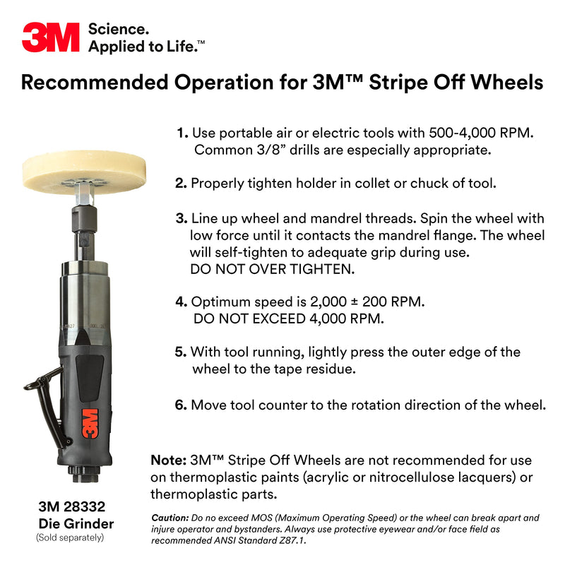 3M Stripe Off Wheel Adhesive Remover Eraser Wheel Removes Decals, Stripes, Vinyl, Tapes and Graphics 4” diameter x 5/8” thick 3/8-16 threaded mandrel 07498 Pack of 1 4 in x 5/8 in (Pack of 1)