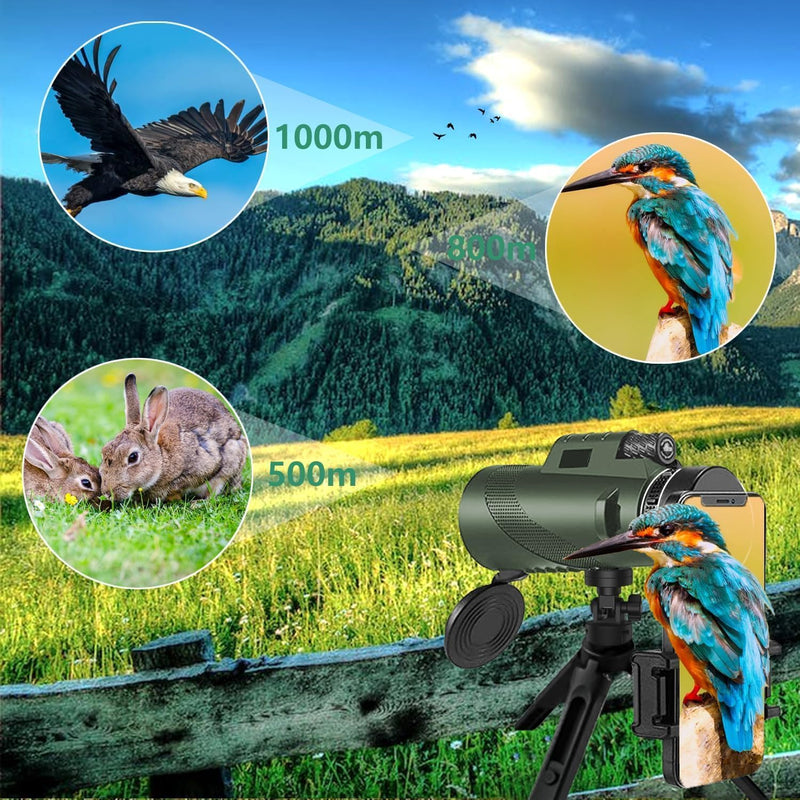 Monocular-Telescope 80x100 High Powered Monoculars High Definition forAduts High Powered with HD BAK4 Prism Smartphone AdapterTelescope Bird Watching Travel Camping Hiking-Green 1