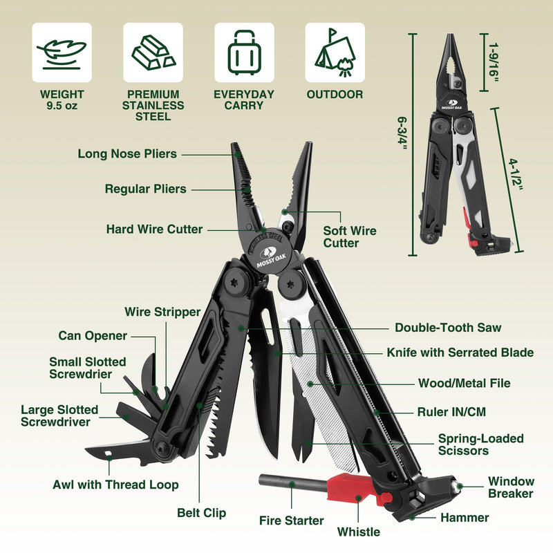 MOSSY OAK Multitool, 19-in-1 Stainless Steel Multi Tool Pliers, Survival Tools with Fire Starter, Window Breaker, Whistler, Self-locking EDC Gear with Sheath for Outdoor, Survival, Camping, Hiking 19-in-1 with Fire Starter & Whistle