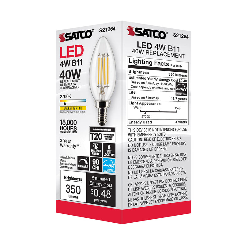 Satco S21264 4W LED Filament B11 Candle Light Bulbs, E12 Candelabra Base, 2700K Warm White, 350 Lumen, Dimmable, Wet Location, Clear, 120V, 6 Pack