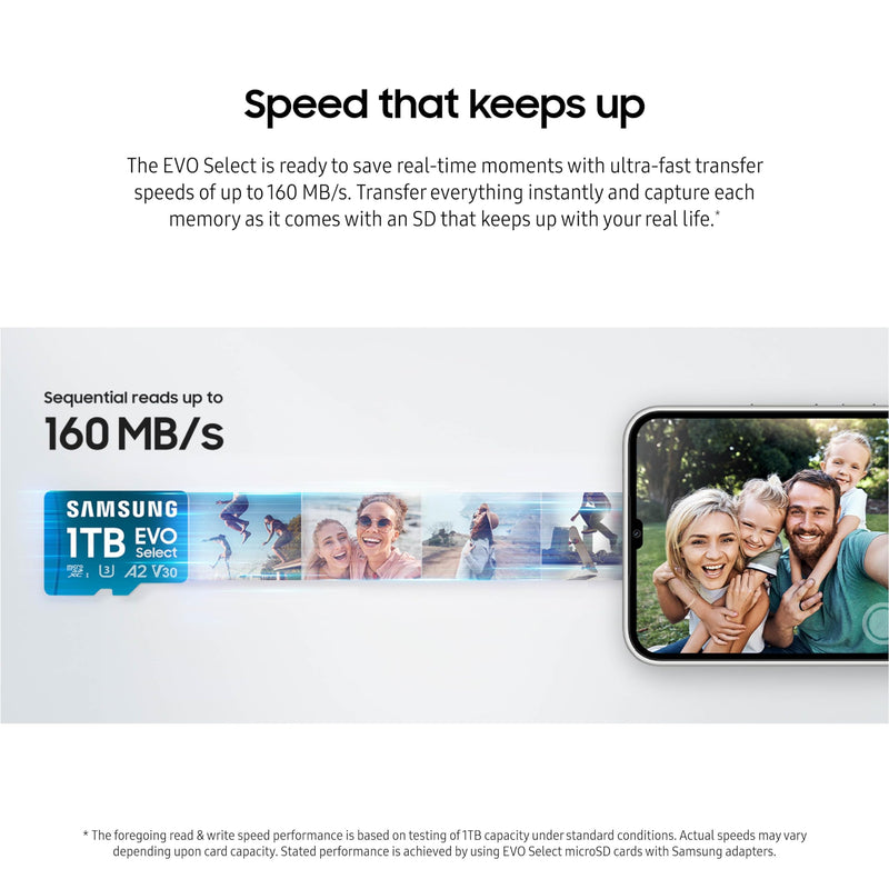 SAMSUNG EVO Select MicroSD Memory Card + Adapter, 128GB microSDXC, Speeds Up to 160 MB/s, UHS-I, C10, U3, V10, A2, Upgrade Storage for Phones, Tablets, Nintendo-Switch, MB-ME128SA/AM New Generation - up to 160 MB/s