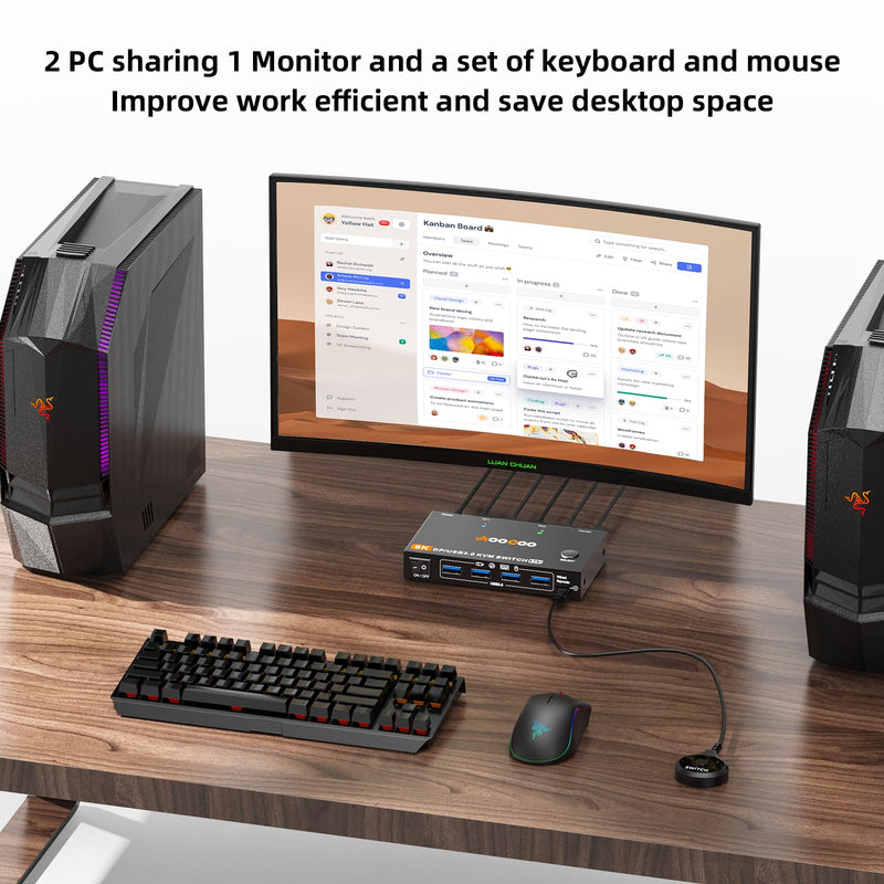 DP KVM Switch 1 Monitors 2 Computers, 8K@60Hz/4K@240Hz KVM Switch for 2 PC Sharing 1 Monitors, Keyboard, Mouse, with USB3.0 Cables, Wired Controller and Power Adapter 8K 2 PC 1 Monitor DP KVM