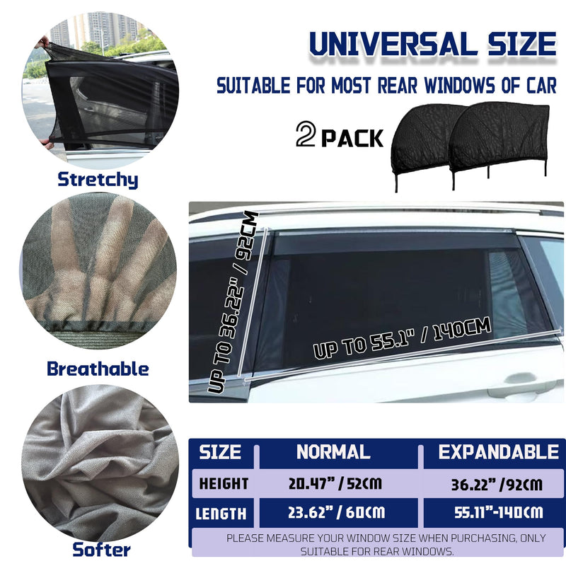 Car Rear Window Screens for Side Windows, 2 Pack Side Window Sun Shades,Stretchy Mosquito Net Cover Fit Cars SUVs - Up to 36.22”x55.1” Rear Windows: Up to 36.22”x55.1”