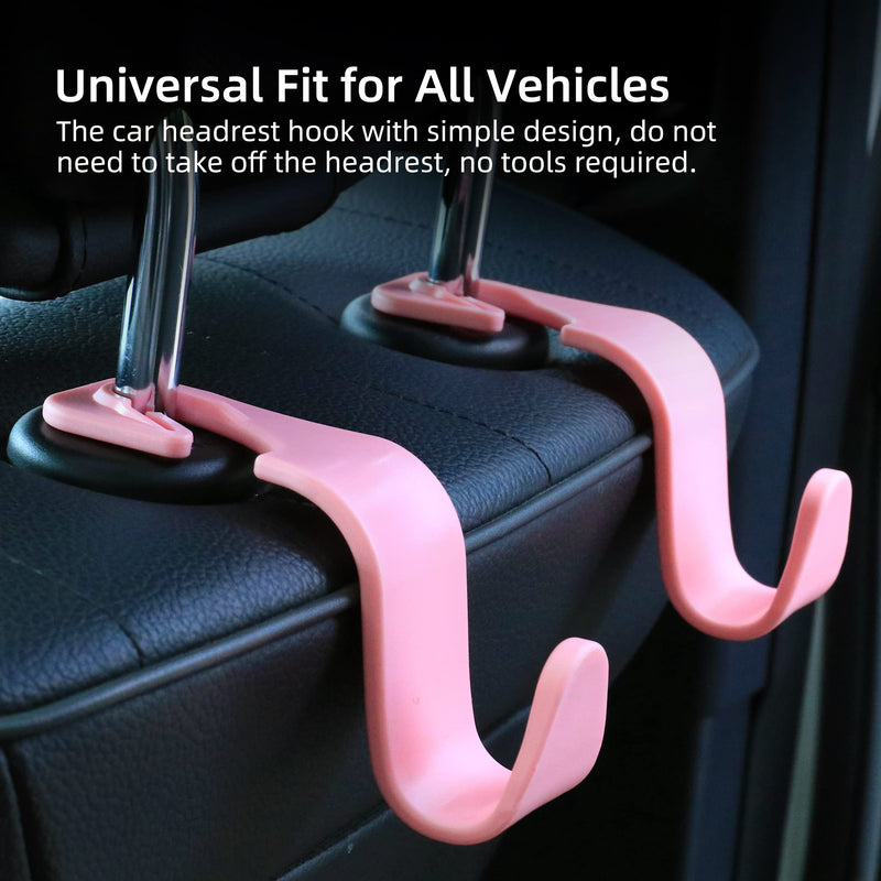 Amooca Car Seat Headrest Hook 4 Pack Hanger Storage Organizer Universal for Handbag Purse Coat Universal fit Vehicle Car Pink with Clip
