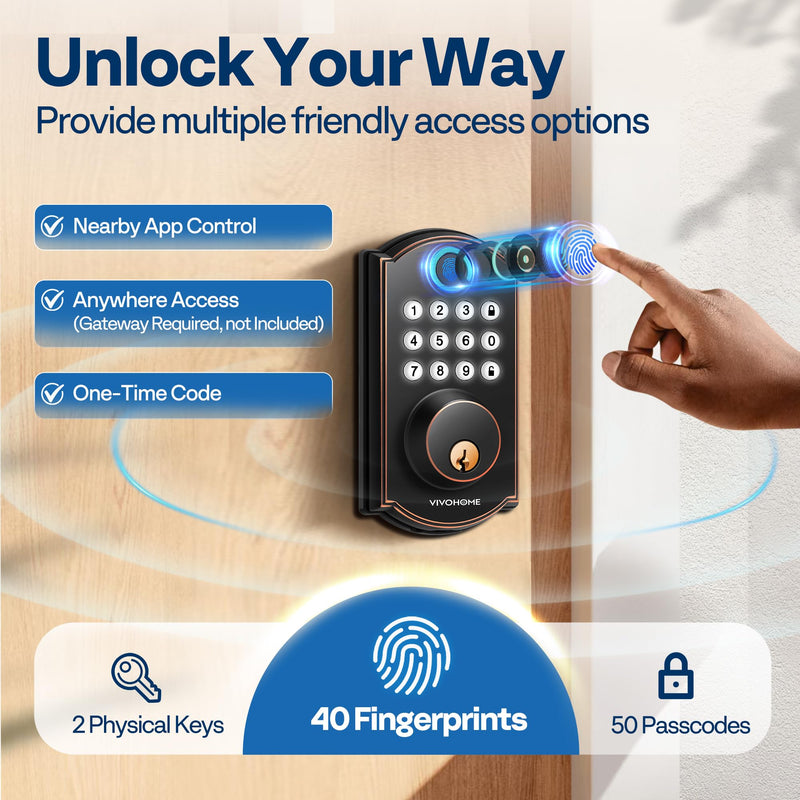 VIVOHOME Smart Lock for Front Door, Keyless Entry Door Lock with Fingerprint, Bluetooth App Remote Control, Electronic Keypad Deadbolt with User Management