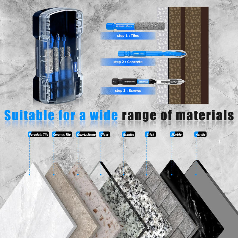 Diamond Drill Bits Set for Ceramic, Porcelain, Glass, Marble, Tile, Granite, Stone and More - 10pcs Tile Drill Bits for Efficient, Precise Drilling and Milling Set4-(3/16"D to 3/8"D)-10Pcs