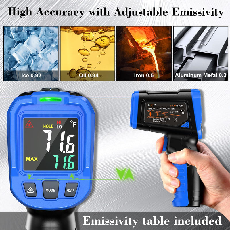 FKM Laser Thermometer Gun -58°F~1112°F(-50°C~600°C),Non Contact Infrared Thermometer Gun for Industrial,Engine,HVAC,Kitchen Cooking,Digital Temperature Gun Adjustable Emissivity,Not for Human Blue