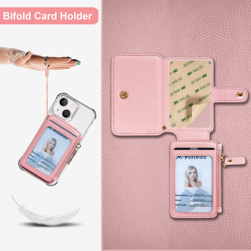 Phone Wallet Stick On,M-Plateau PU Leather Card Holder with Zipper Coin Pocket Compatible with iPhone and iPhone Case for Women with 3M Adhesive and Phone Lanyard Light Pink