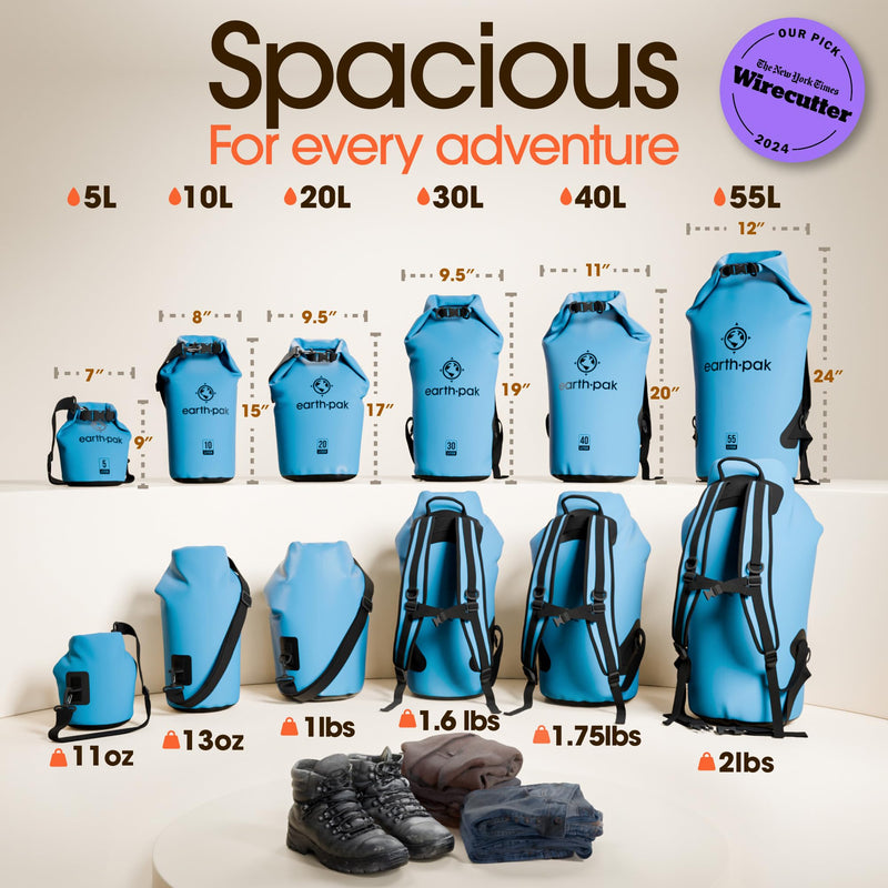 Earth Pak Waterproof Dry Bag - Roll Top Waterproof Backpack Sack Keeps Gear Dry for Kayak with Waterproof Phone Case 30L Light Blue