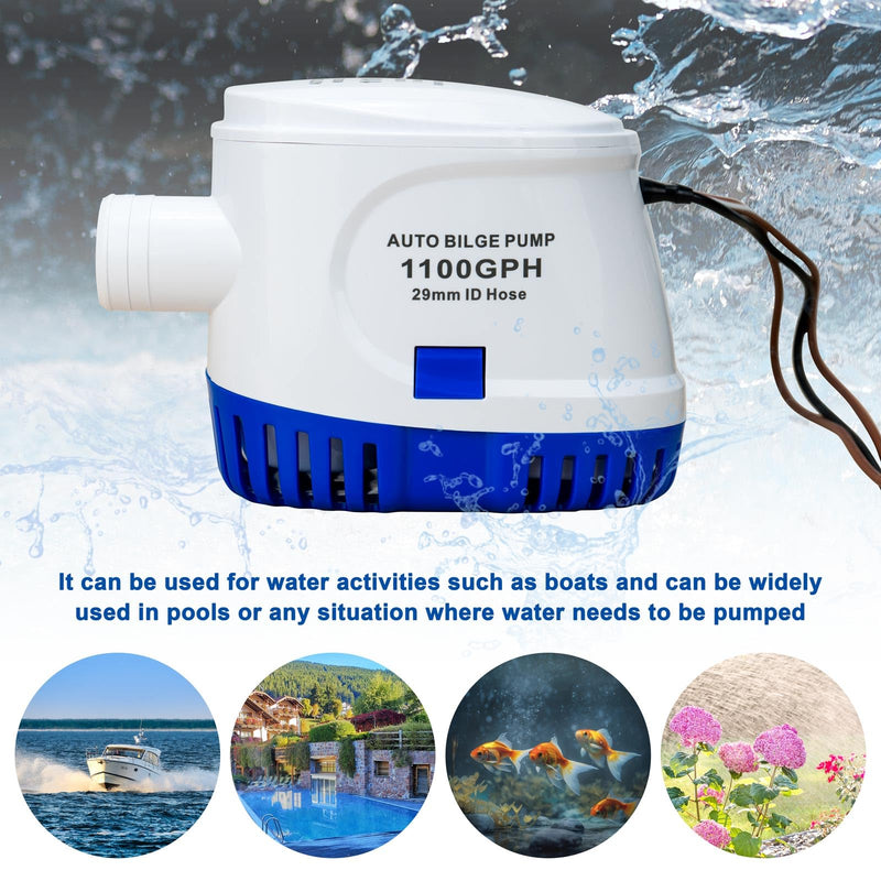 Sanuke 1100GPH Automatic Bilge Pump 12V, Submersible Auto Water Pump with Built-in Float Switch, 29mm (1-1/8") Outlet, Marine Bilge Pump for Boats, Ponds, Pools, Caravan RV | Self-operated Bilge Pumps for Boats, Built-in Float Switch, Low Noise, Electr...