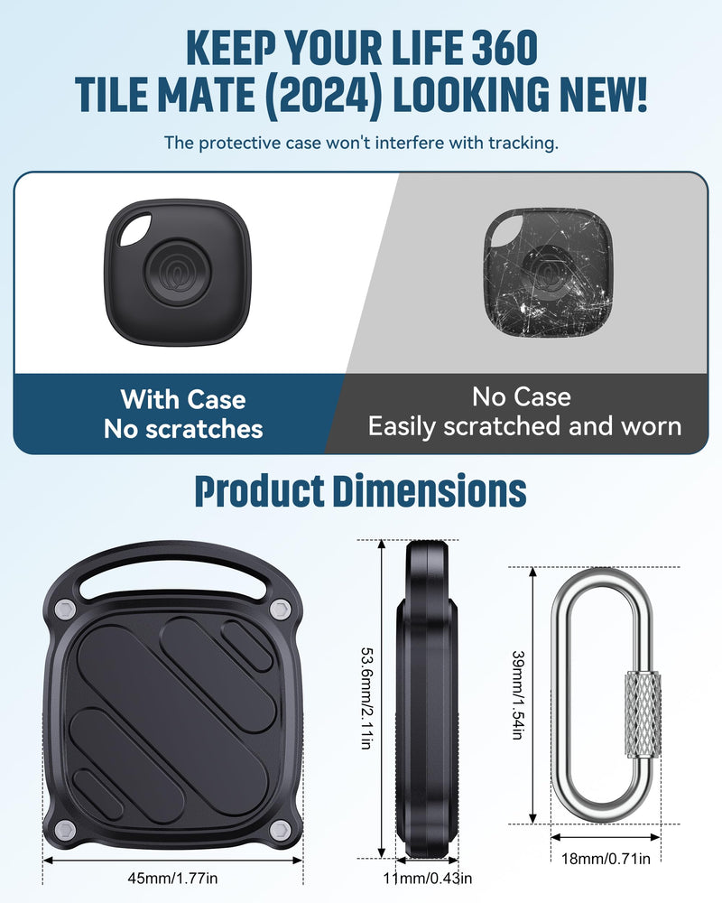 DDJ 4 Pack for Life360 Tile Mate 2024 Tracker Case, IPX8 Waterproof Protective Holder, Heavy Duty Anti-Loss Screw Lock Cover with Metal Carabiner for Keys, Luggage, Backpack & Pet Collar, Black Black x4