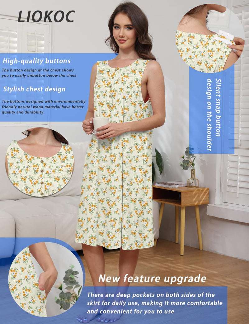 Hospital Gowns for Women Tear Away Snap Open Back Post Shoulder Surgery Sleeveless Adaptive Clothing with Pockets Yellow Flower Small