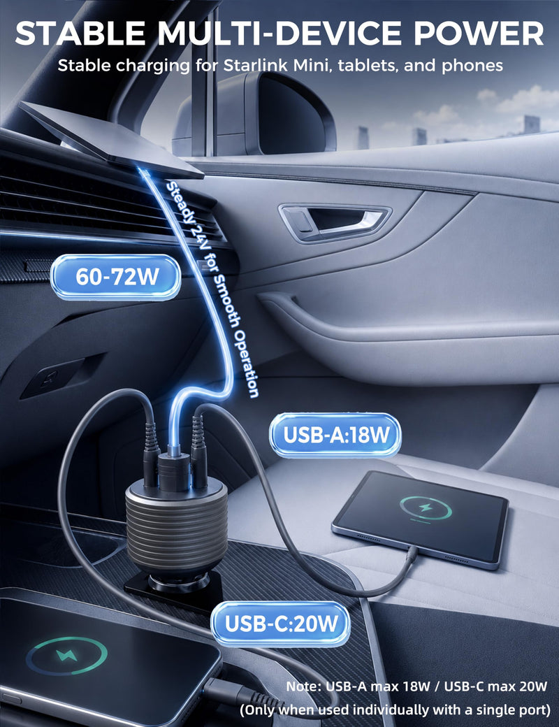 72W Max Stable Voltage Boost Starlink Mini Car Adapter, 3-in-1 Car Charger | 12V to 24V DC Boost Converter, Dual USB Ports, Heat-Resistant Aluminum Housing, Smart Chip, Car Adapter for Cars/Trucks/RVs