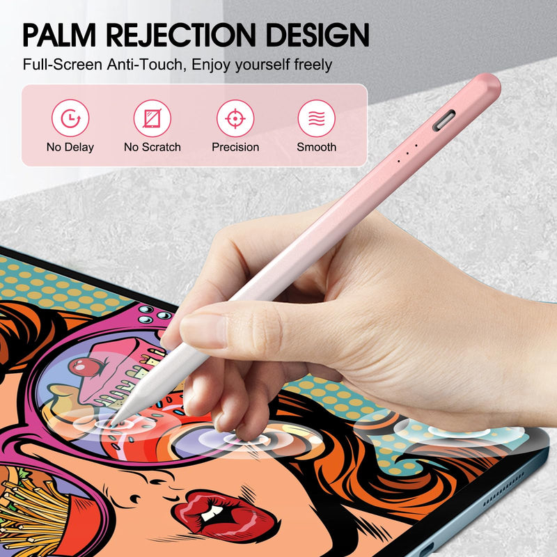 Stylus Pen for iPad,Palm Rejection Tilt Sensitivity Fast Charging Pencil Only Work for 2018 Or Later iPad 10/9/8/7/6th Gen,Pro 12.9&11",Mini 6/5,Air 5th/4th/3rd Gen,4 Replacement Nibs (Pink-White) Pink-White