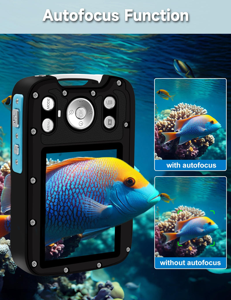 5K Waterproof Camera, 96MP 33FT Underwater Camera with Dual Screens, Autofocus Digital Camera for Snorkeling, Scuba Diving, Surfing & Travel Blue