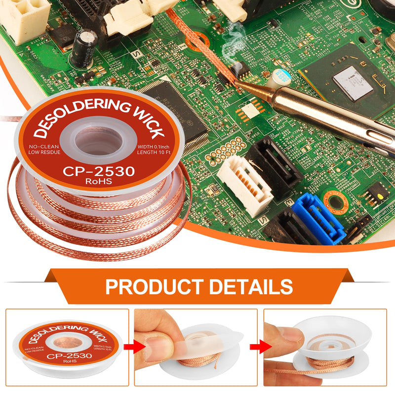 3PCS Premium Desoldering Wick - 3 Sizes Solder Wick Braid (0.08", 0.1", 0.12" x 10FT) | No Clean Desoldering Braid & Solder Remover | Effortlessly Desolder Wick for PCB Repair & Electronics