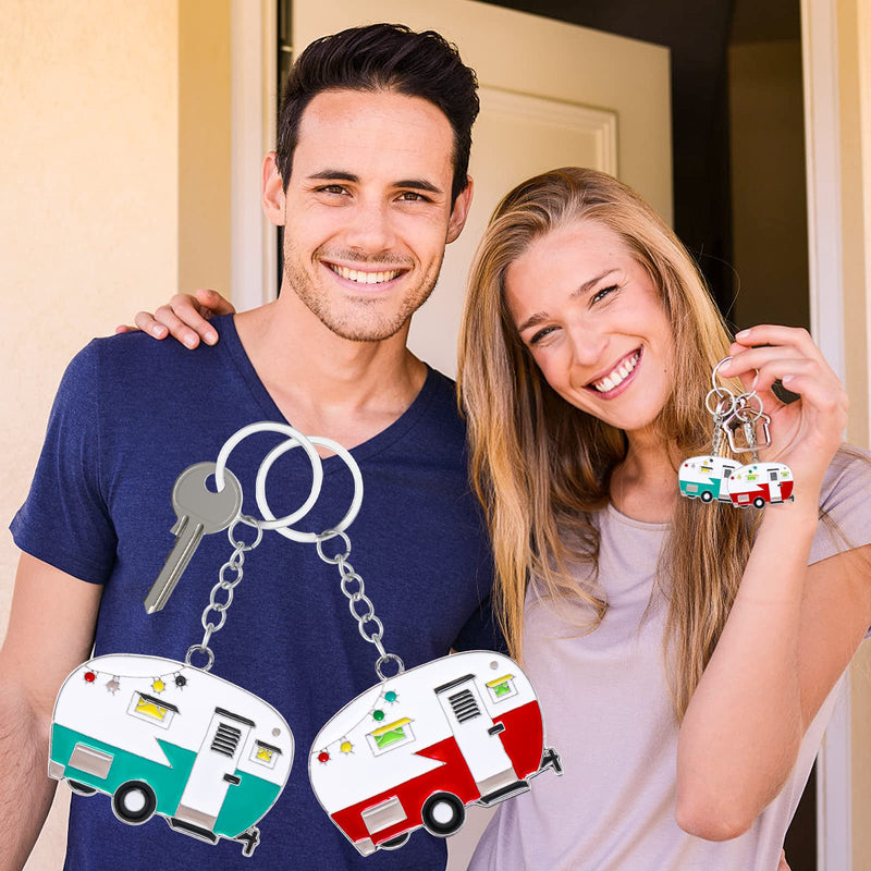 2 Pieces Camper Keychain, RV Camper Keyring Camper Accessories for Travel Trailers Retro Camping Car Keychain Red, Green