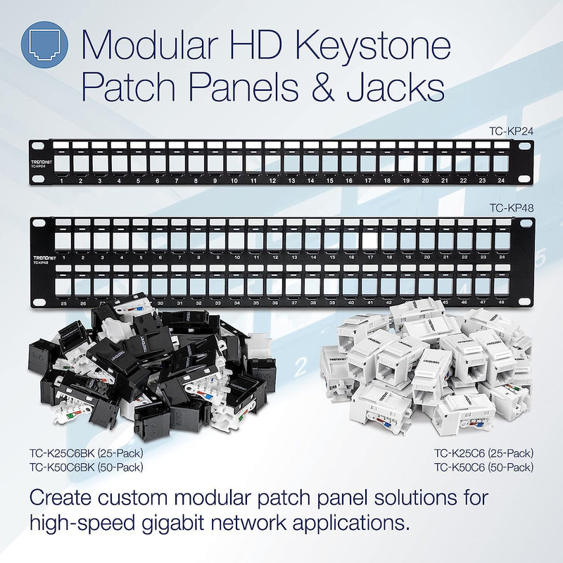 TRENDnet Cat6 RJ45 Keystone Jack 50-Pack Bundle, TC-K50C6, Compatible with Cat5/Cat5e/Cat6 Cabling, Use with The TC-KP24 or TC-KP48 Blank Keystone Patch Panels(Sold Separately) White