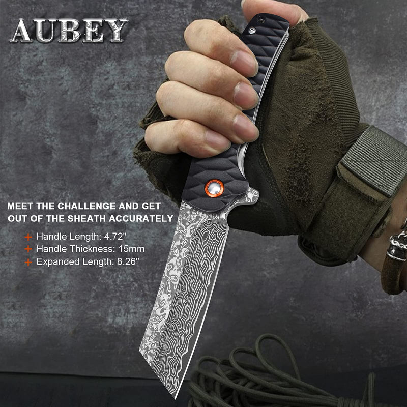 AUBEY Damascus Pocket Knife, 3.34" Damascus Steel Hollow Grind Blade, Folding Knife with Ball Bearing, Aluminum Handle, EDC Knife for Outdoor Camping Hunting A-Black Aluminum Handle