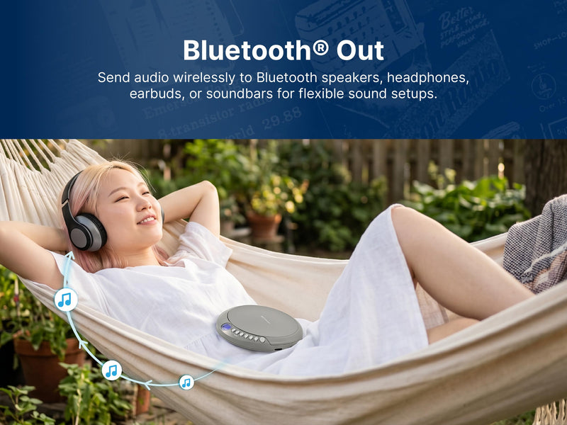 Emerson EPCD-2003 Portable CD Player with FM Radio, Bluetooth 5.3 AudioStream™, 60-Second Anti-Shock, 20-Track Memory, LCD Display, Dual Power (Micro-USB/Battery) & Earphones Included Gray