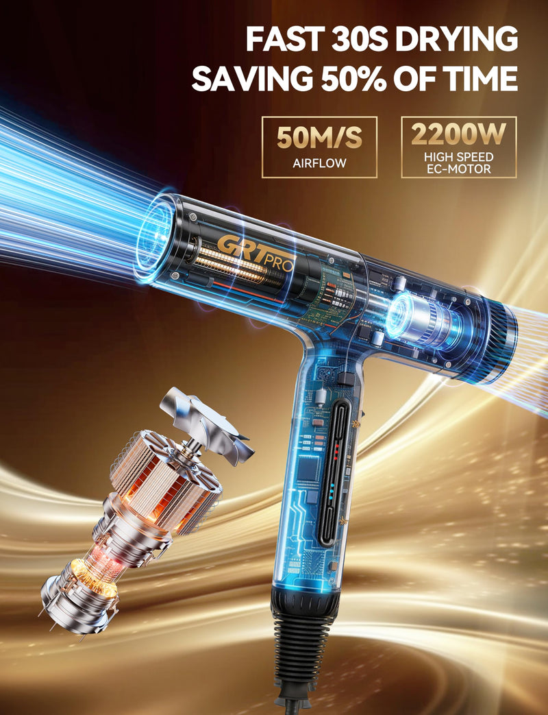 Professional Ionic Hair Dryer Travel Hairdryer 2200W,100,000 RPM High EC Motor,320g Lightweight Hairdryer,200 Million Ionic Blow Dryer, Thermo-Control Low Noise for Travel Sports Home Salon
