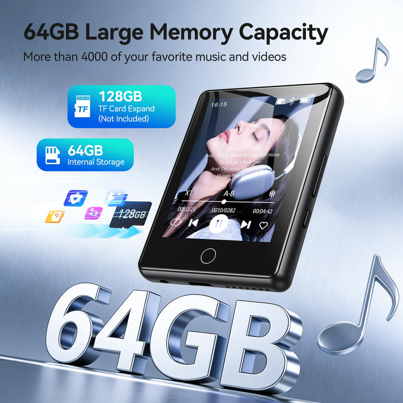 AGPTEK 2.8'' 64GB MP3 Player with Bluetooth, U6 Full Touch Screen Player | Auto Bluetooth Reconnection - Portable Music Player with Protective Case (Black) Black 64 GB