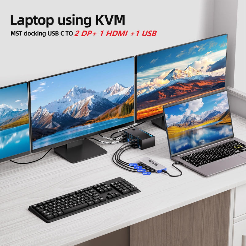 KVM Switch 3 Monitors 2 Computers 8K@30Hz/4K@60Hz, HDMI KVM Switches for 2 PC Sharing Triple Monitor and Keyboard Mouse with Power Adapter Black 8cm HDMI 2 in 3 out