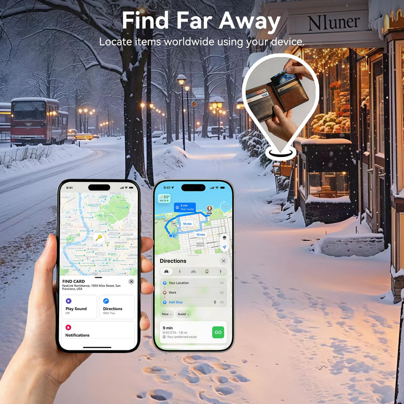 DERAX Wallet Tracker Card (iOS & Android) Wireless Charging & 1-Year Battery, Ultra-Thin IP68 Waterproof Smart Card Works with Apple Find My & Google Find My Device for Wallet, Passport, Luggage