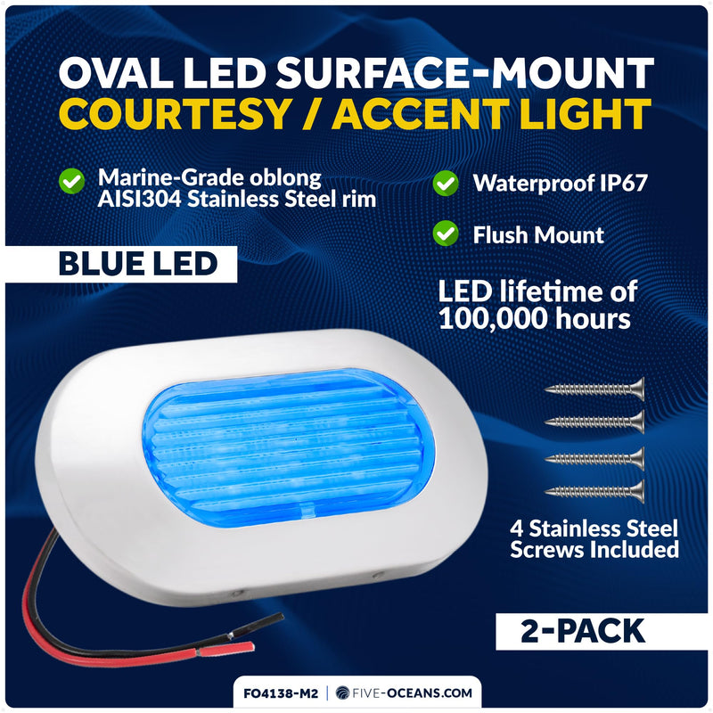Five Oceans 2-Pack Oblong LED Courtesy Light, Marine Lights for Boat Interior, Deck, Cockpit, Blue LED, IP67 Waterproof, 12V, for Pontoon, Fishing Boat, Yacht, RVs - FO4138-M2