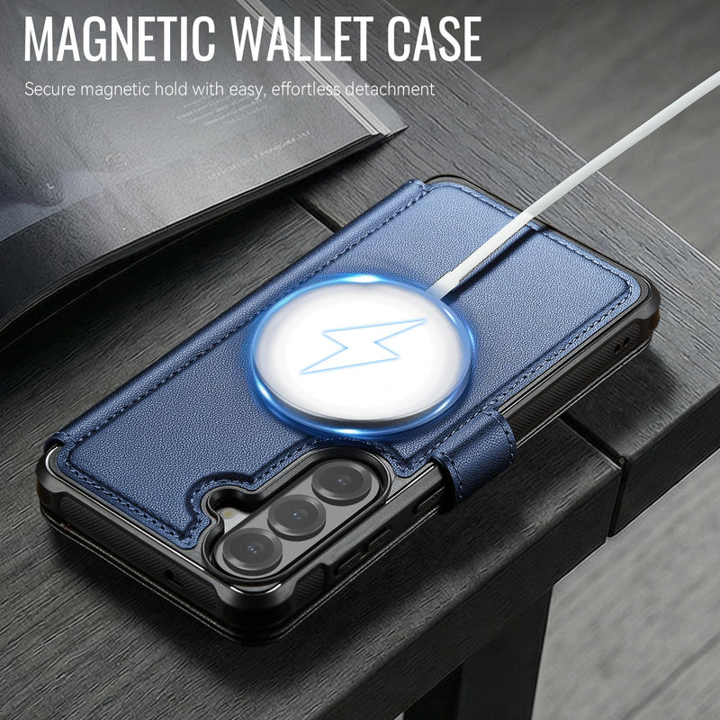 for Samsung Galaxy S26 Wallet Case Compatible with Magsafe | RFID Blocking Card Holder, Magnetic Phone Cover, Wireless Charging, Shockproof, PU Leather, for Men Women, Blue for Galaxy S26 - 6.3'' Luxury Blue