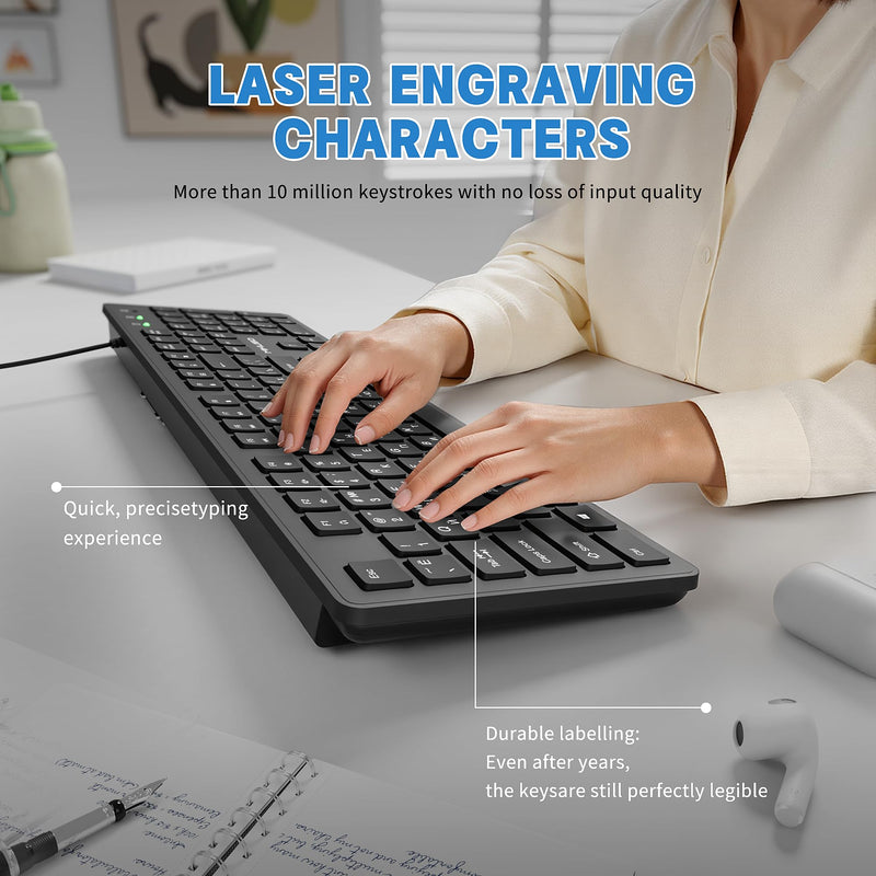 Hebrew English Keyboard USB Wired - 104 Keys Full-Size Laser Letter | Bilingual Keyboard(Not Fading Character) with Number Pad for PC Desktop Computer - for Hebrew Speakers, Jewish School